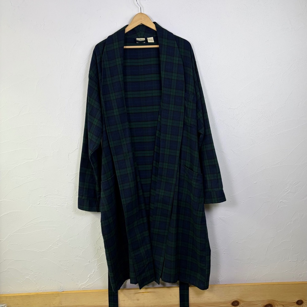 LL Bean Plaid Flannel Robe Mens XXL Tall Green Blue Long Sleeve Loungewear